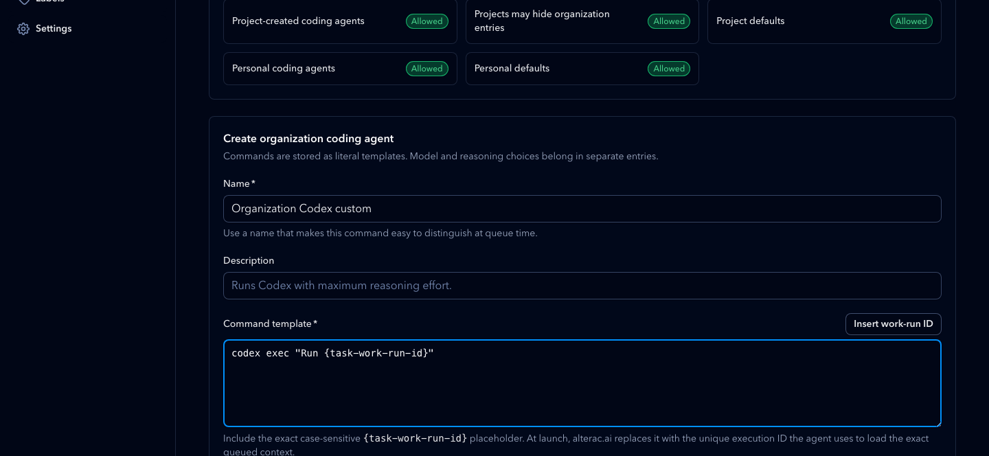 alterac.ai Coding agents page with organization policy and a configured Codex command template.