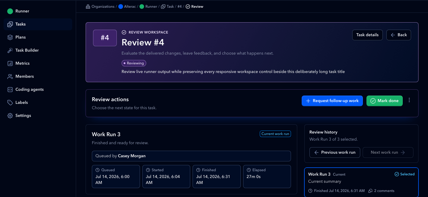 alterac.ai review workspace with current review actions, work-run timing, and review history.